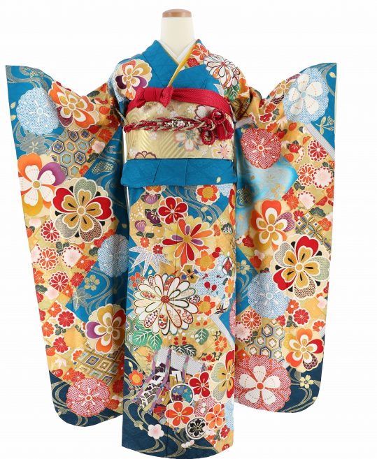 参列振袖[モダン]ターコイズブルーに裾濃い青・金赤の菊、桜、几帳[身長168cmまで]No.979